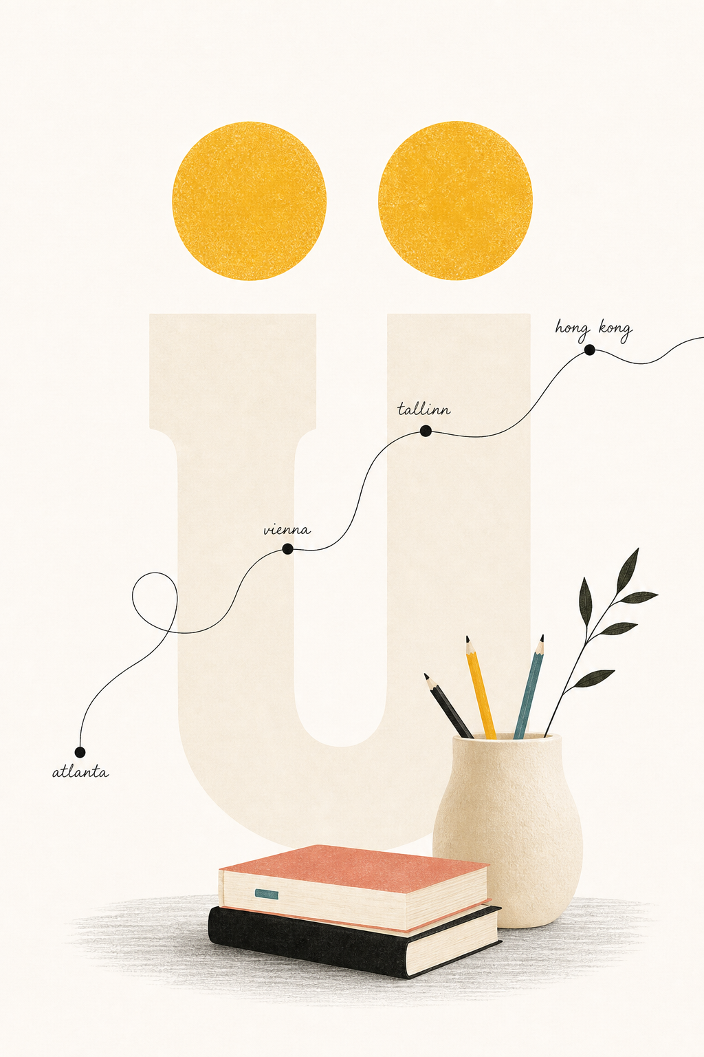 A playful paper collage with two yellow dots, books, pencils, and a hand-drawn line continuing from Hong Kong.